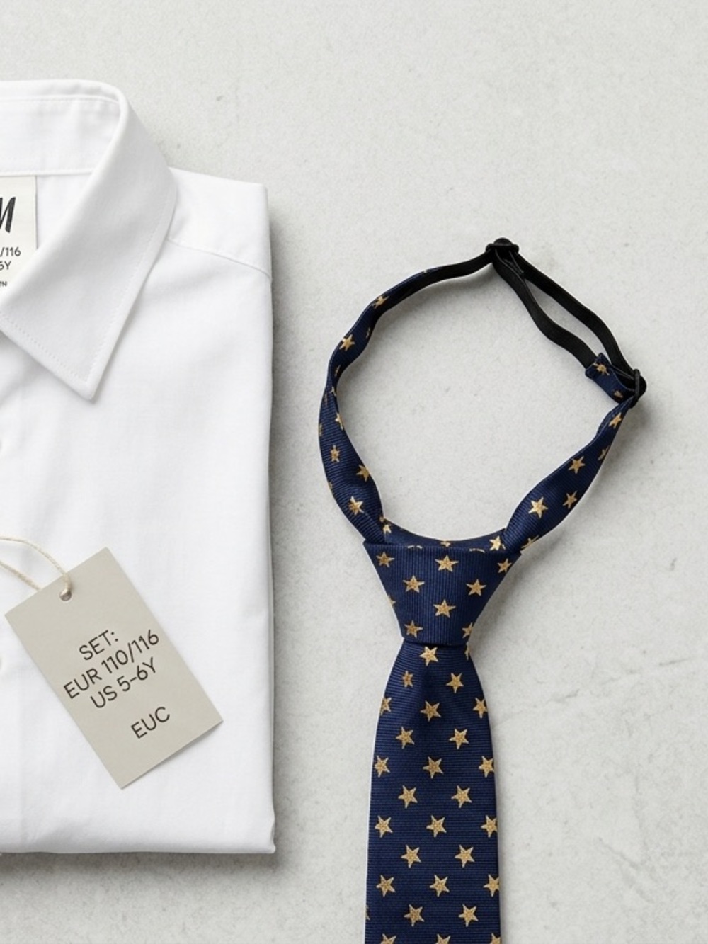 H&M Boys Formal Bundle: Navy Gold Star Tie + White Dress Shirt Set - EUC 1.5-8Y